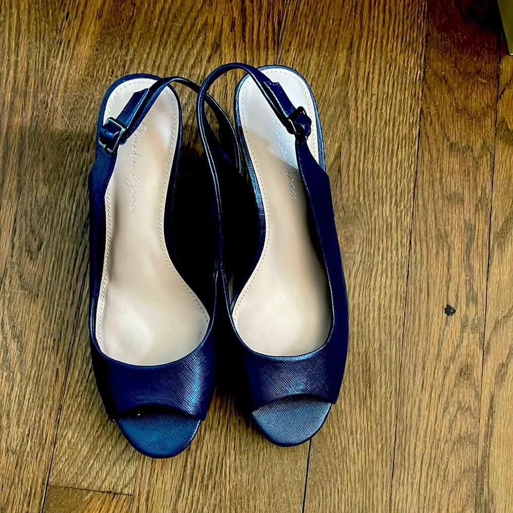 Navy peep toe sling back heels